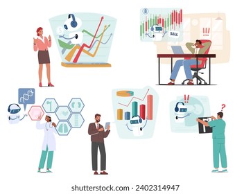 Set of Characters Use Artificial Intelligence Assistant in Various Fields such as Business, Medicine or Trading. Cutting-edge Digital Companion, Integrating Into Daily Life, Providing Assistance