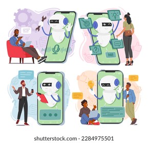 Set of Characters Use Chatbot Services For Various Purposes Such As Customer Service, Scheduling Appointments, Ordering Food, And Making Payments, Smart Technology. Cartoon People Vector Illustration