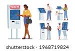 Set of Characters Use Self Ordering Service. Men and Women Using Info Kiosk, Order Food in restaurant, Withdraw Money via ATM and Buying Tickets with Digital Device. Cartoon People Vector Illustration
