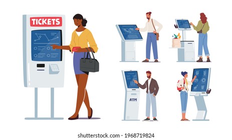 Set Of Characters Use Self Ordering Service. Men And Women Using Info Kiosk, Order Food In Restaurant, Withdraw Money Via ATM And Buying Tickets With Digital Device. Cartoon People Vector Illustration