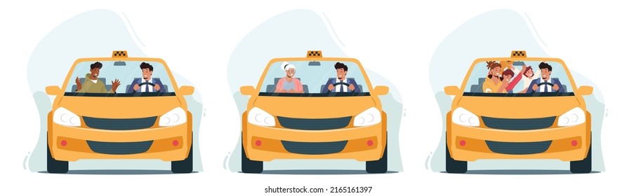 Set Of Characters Use Taxi Service. Customers Or Clients And Driver In Cab Front View Through Windshield. Family With Children, Old Lady And Young Man In Automobile. Cartoon People Vector Illustration