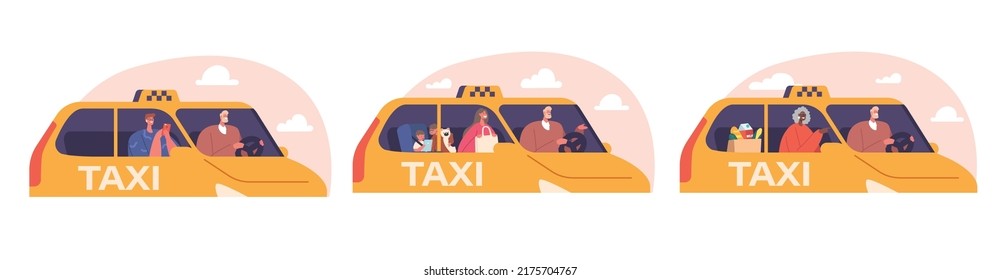 Set of Characters Use Taxi Service. Customers or Clients and Driver in Cab Side View Through Window. Family with Children, Old Lady and Young Man in Automobile. Cartoon People Vector Illustration