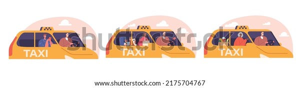 Set of Characters Use Taxi Service.\
Customers or Clients and Driver in Cab Side View Through Window.\
Family with Children, Old Lady and Young Man in Automobile. Cartoon\
People Vector Illustration