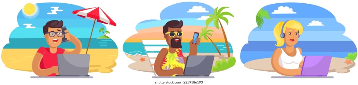 Set of characters using laptop on ocean beach shore. Business people tourist working during summer vacation. Multitasking, owerworking and freelance concept. Freelancer with computer at sea resort