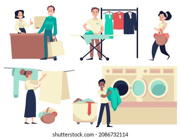 Set of characters using laundromat and dry clean service, flat cartoon vector illustration isolated on white background. People using washing equipment in laundry.