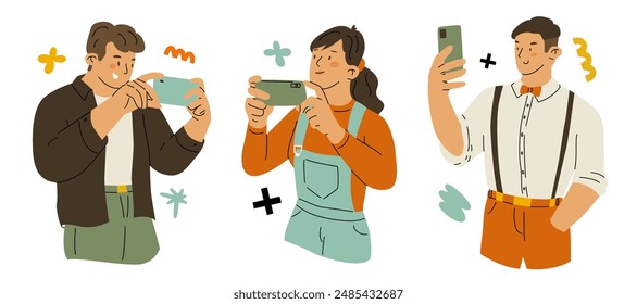 A set of characters using a phone to take photos and videos. A person takes a photograph of a landscape or product. The blogger creates content. Modern technologies. Vector flat illustration.