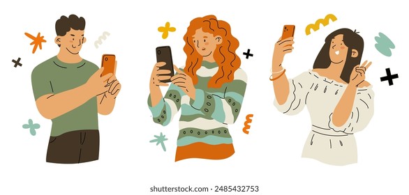 A set of characters using a phone to take photos and videos. A person takes a photograph of a landscape or product. The blogger creates content. Modern technologies. Vector flat illustration.