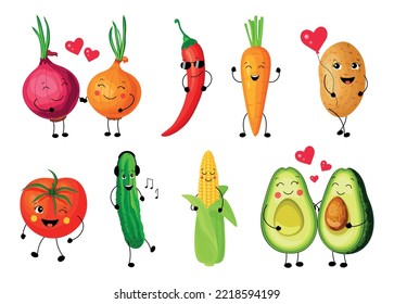 Set of characters vegetables in cartoon style. Vector illustration of different vegetables love onion, avocado, potato, lucky carrot, tomato, singing cucumber, sleeping corn, hard chili.