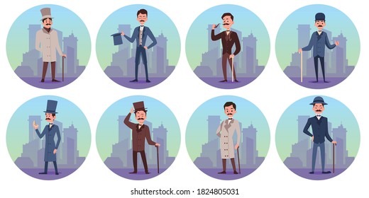 Set characters of victorian english aristocrats. Gallant courteous men, gentlemen with a mustache in an elegant frock coats and walking sticks in hands. Vector isolated illustrations