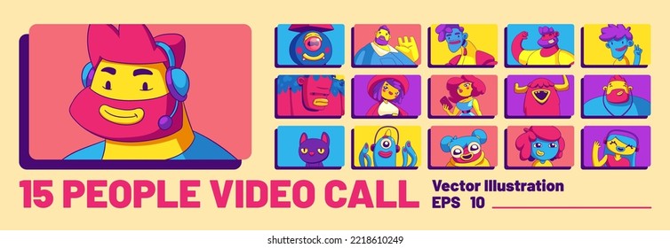 Juego de caracteres videollamada, conferencia en línea. Personajes de dibujos animados contemporáneos, animales y personajes de fantasía forman un chat virtual. Los amigos se comunican distantemente, reunión en Internet, ilustración de vector lineal