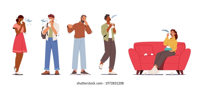 Set of Characters with Viral Disease. Ill Men and Women Sneezing with Runny Nose due to Infection Symptoms. Diseased People Suffering of Cold Virus or Influenza Sickness. Cartoon Vector Illustration