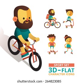 Set of characters in volumetric  and flat style. Skateboard guy and other sports characters in cartoon style.