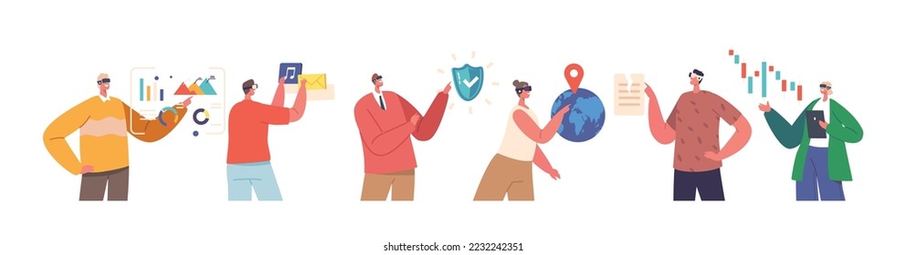 Set of Characters in Vr Glasses Work with Data Visualization in Cyberspace, Advanced Analytics Research, Artificial Intelligence Planning, Statistics, Digital , Management. Cartoon Vector Illustration