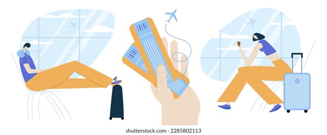 El conjunto de personajes espera el embarque en el aeropuerto. Pasajeros, mujeres, hombres con equipaje compran boletos y van al viaje en avión.