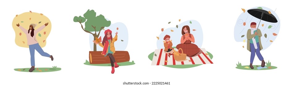 Set of Characters Walk at Autumn Day. Woman walking cheerfully in park.  Child sit on trunk and play with Leaves, Mom and daughter picnic at garden. Happy Outdoors Activities. Cartoon Vector illust