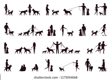 A set of characters walk with a dog. Silhouette. Vector illustration in simple style on white isolated background.