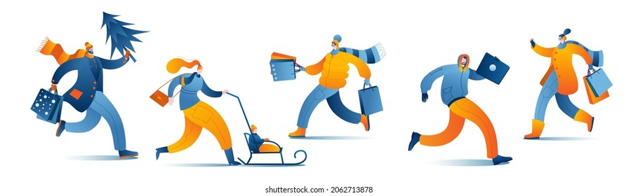 A set of characters in warm clothes. Isolated vector characters with purchases.
