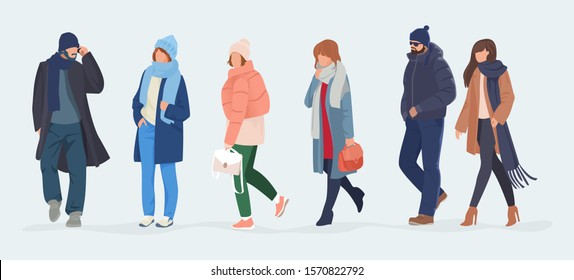 Set of characters in warm winter clothes going about their daily business. Man in coat speaks on the phone, man with beard, business woman, stylish girl with long scarf, teenager girl in puffer jacket
