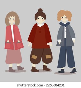 Set of characters in warm winter clothes going about their daily.