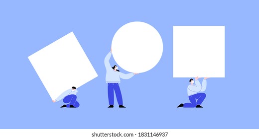 Set of characters wearing face masks holding blank banners. Flat illustration of men and women with covered faces holding white paper. Template for your content