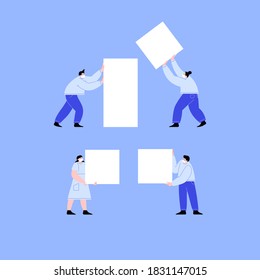 Set of characters wearing face masks holding blank banners. Flat illustration of men and women with covered faces holding white paper. Template for your content