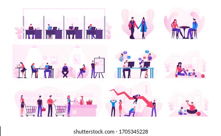 Set Of Characters Wearing Medical Masks Business And Every Day Routine During Covid19 Quarantine And Self Isolation. People Work In Office, Spend Time With Family And Kids. Cartoon Vector Illustration