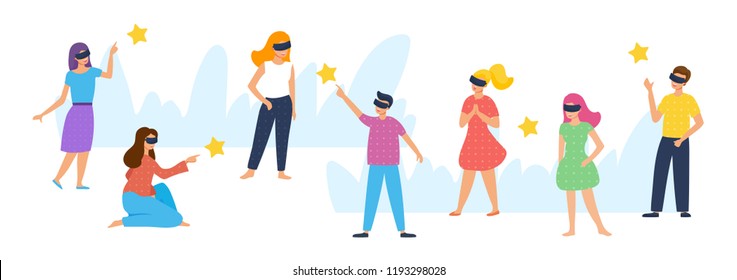 Set of characters wearing VR glasses. Virtual reality entertainment, education and shopping concept. Man and women standing and sitting. Vector illustration, modern flat style.