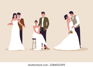 Set of characters wedding couple cartoon. Illustration for website, landing page, mobile app, poster and banner. Trendy flat vector illustration