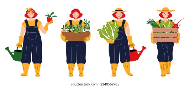 A set of characters as white cute gardener. Smiling young woman carrying a box of vegetables. Redhead girl in a hat holding chinese cabbage and watering can. Happy female with pot of the plant