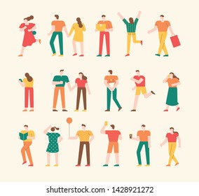 A set of characters who are doing various actions. flat design style minimal vector illustration.