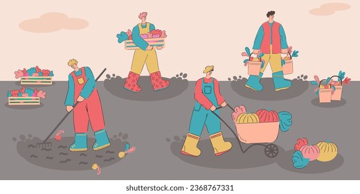 A set of characters who are harvesting. Agricultural autumn work. Flat illustration