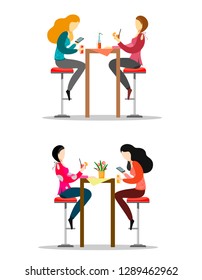 A set of characters who sit on bar stools at the table, drink drinks and chat. Girls.Vector illustration on a white background