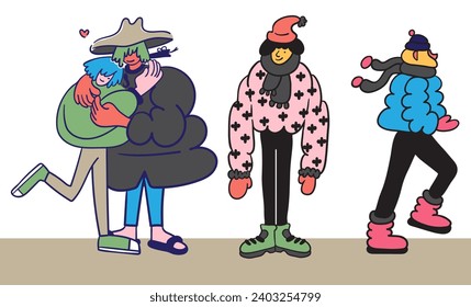 set of characters in winter clothes in doodle style in vector. People at winter.Template for postcard illustration poster sticker
