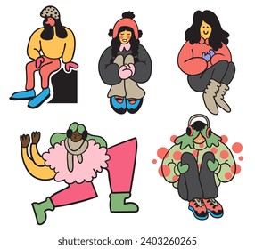 conjunto de personajes en ropa de invierno en estilo doodle en vector. Personas en invierno.Plantilla para la etiqueta de afiche de ilustración de postales