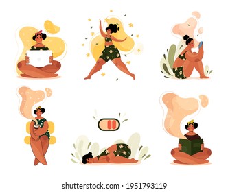 A set of characters with a woman at a computer, reading a book, a girl dancing, drinking coffee, a tired man in a lifestyle scene in flat style. Vector stock illustration