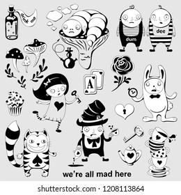 Set of  characters of Wonderland. Alice in Wonderland, White rabbit, Mad Hatter, Caterpillar, Tweedledum and Tweedledee.. Playing cards, pocket watch, key, cup and poison. Vector posters,illustration