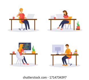 Set of characters working at computers. People study or work. Men and women sitting at the tables using laptops and pc in office or home. Rear and front view. Vector illustration in cartoon style.