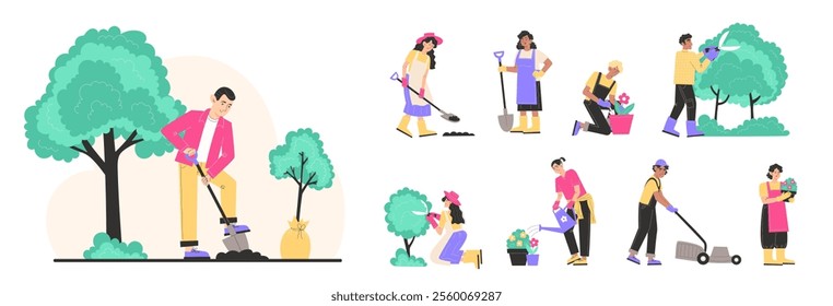 Set of characters working in the garden, including men and women trimming bushes, cutting grass, planting, digging, and watering