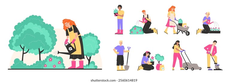 Set of characters working in the garden, including men and women trimming bushes, cutting grass, planting, digging, and watering