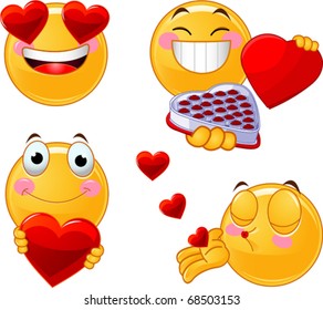 Set of characters of yellow emoticons with different faces, eyes, mouth for Valentine Day