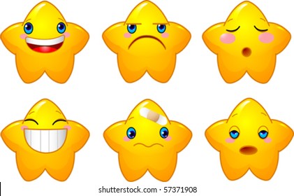 Set of characters of yellow stars with different faces, eyes, mouth and brushes