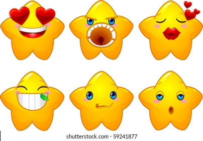 Set of characters of yellow stars with different faces, eyes, mouth and brushes