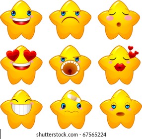 Set of characters of yellow stars with different faces, eyes, mouth and brushes