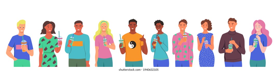 A set of characters. Young men and women drink smoothies, fresh juice, a cocktail. The concept of proper nutrition, healthy lifestyle. Flat cartoon illustration.