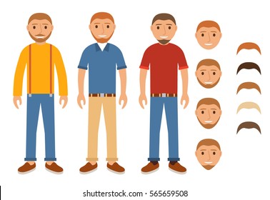 Set of characters of young people. The man with a beard with moustaches dressed in jeans and trousers and shirts and t-shirts with braces, boots. Avatars of the person in flat style a vector.