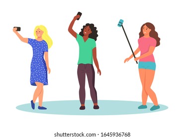 A set of characters of young women taking selfies. People in summer clothes with mobile phones. Cute flat vector illustration.