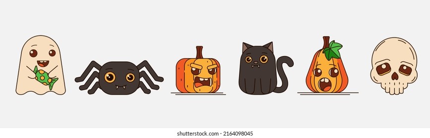 A set of characters for your Halloween design. Spider, pumpkin, skull, cat, ghost. Symbols of a happy Halloween holiday. Vector illustration