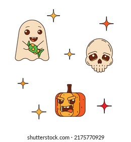 A set of characters for your Halloween design. Pumpkin, skull, ghost. Symbols of a happy Halloween holiday. Vector illustration
