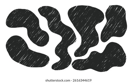 Set of charcoal abstract shapes. Hand drawn pencil or crayon texture, geometric figure. Pencil shading texture, vector illustration