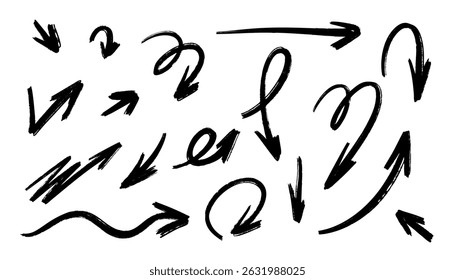 Conjunto de ícones de seta de carvão. Setas doodle à mão livre com linhas curvas, redemoinhos e textura de giz. Perfeito para projetos de design desenhado à mão, rústico ou criativo.